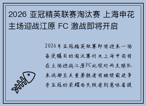 2026 亚冠精英联赛淘汰赛 上海申花主场迎战江原 FC 激战即将开启